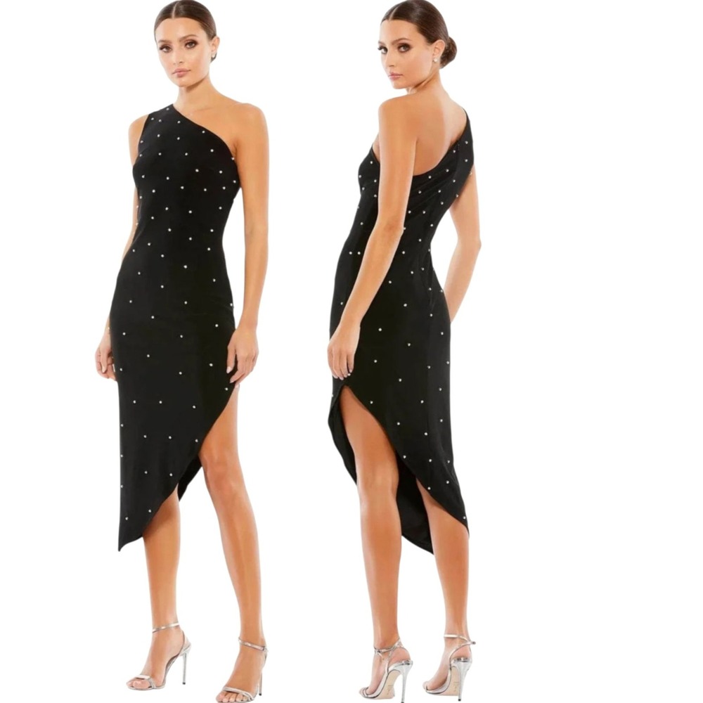 Mac Duggal Black Rhinestone One Shoulder Asymmetrical Midi Dress Size 12 NWT